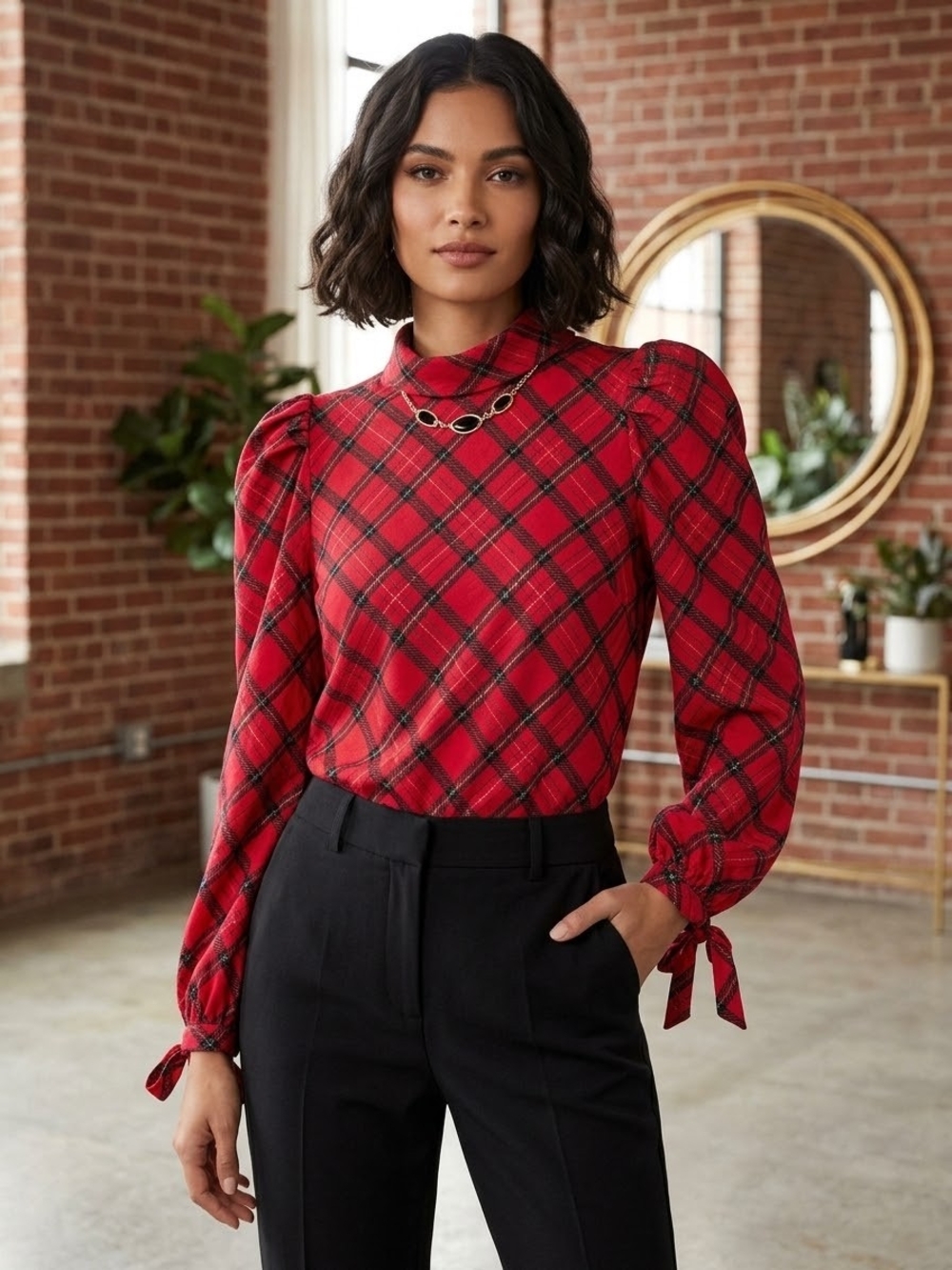 Sugarlips Red Plaid High-Neck Blouse with Tie Cuffs